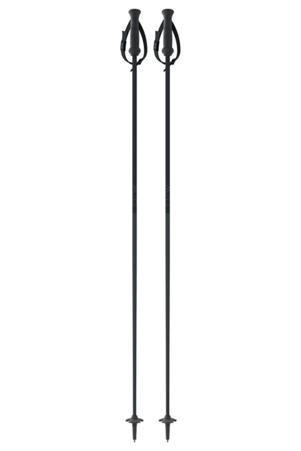 Two black ski poles with decorative handles on a white background