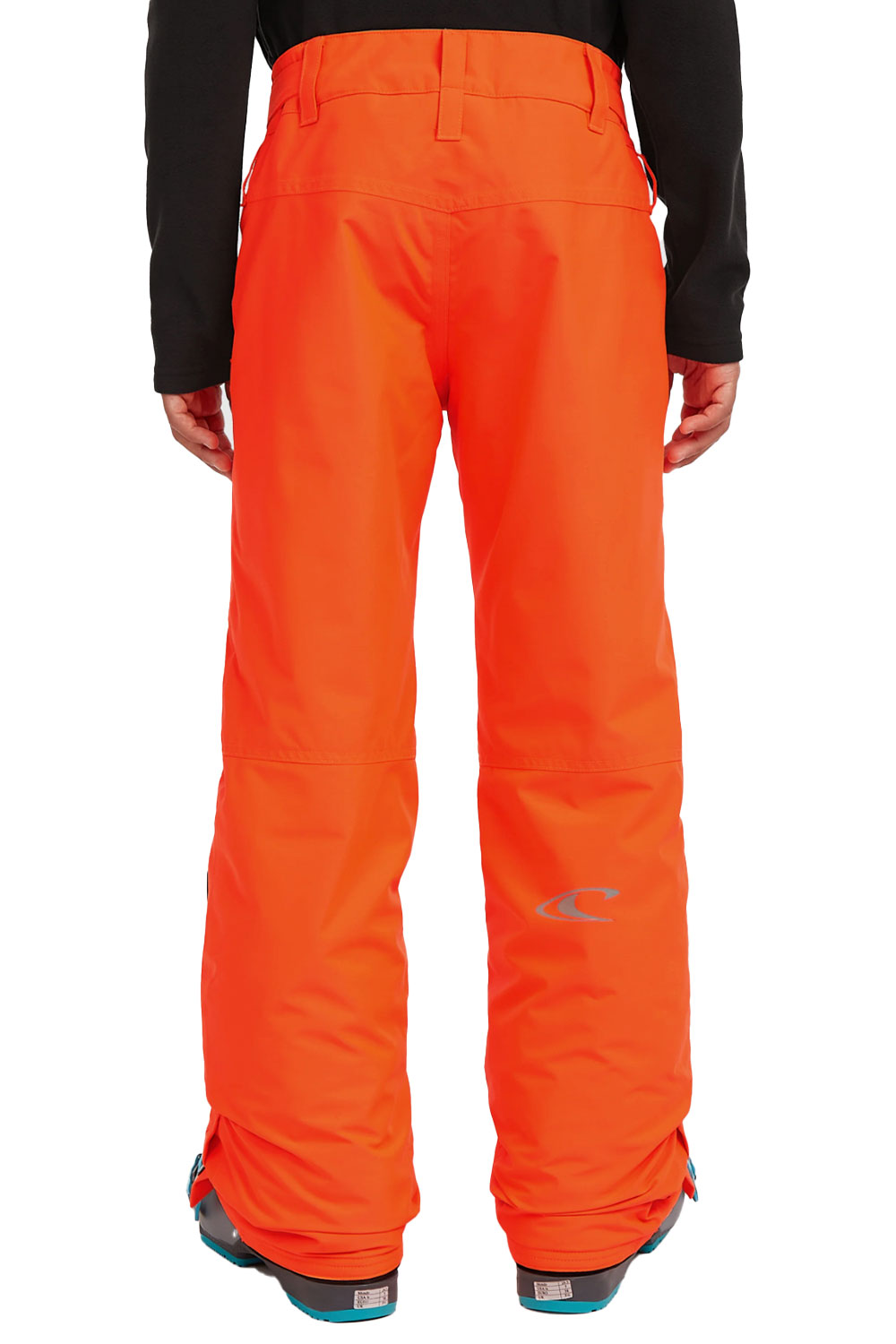 Orange snow pants worn by a person on a white background