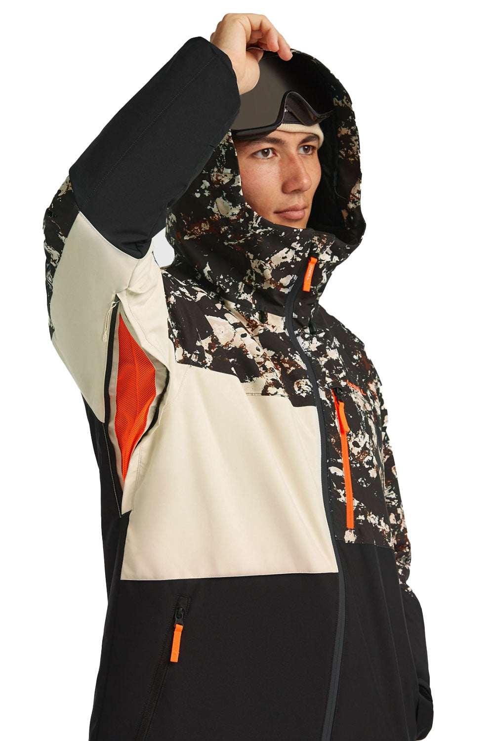 O'neill snowboard jacket, black and beige colorblock pattern
