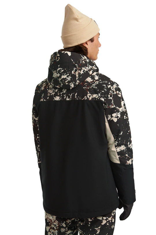 black and beige snowboard jacket on a person