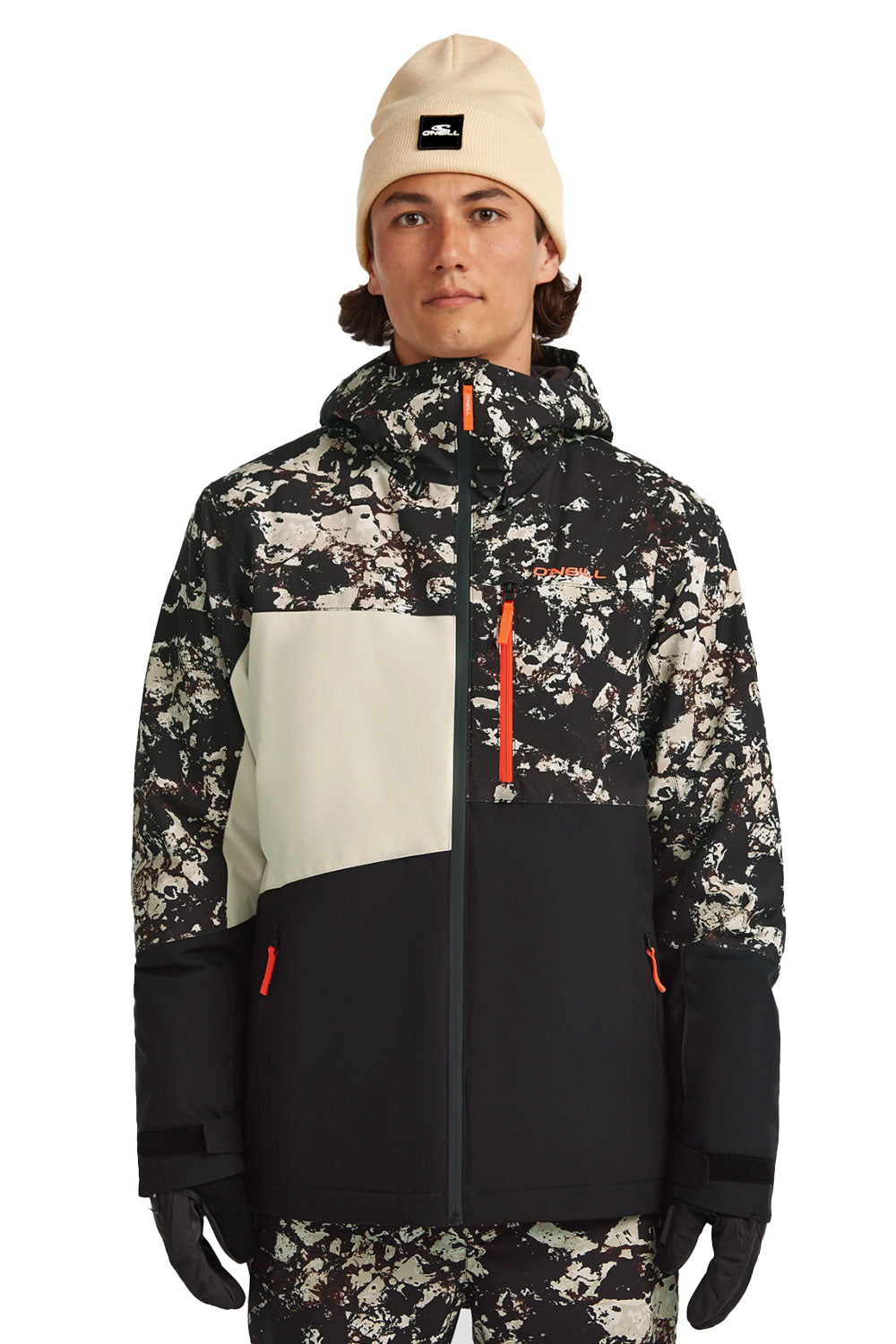 black and  beige colorblock men's winter jacket
