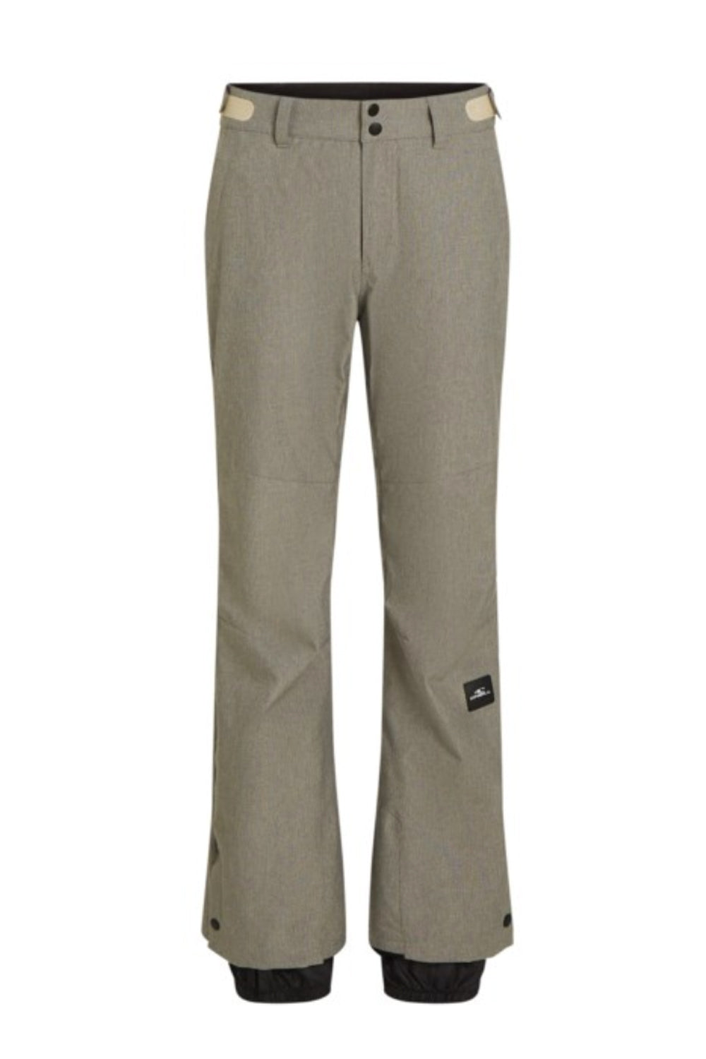 Beige pants with a brand logo on a white background