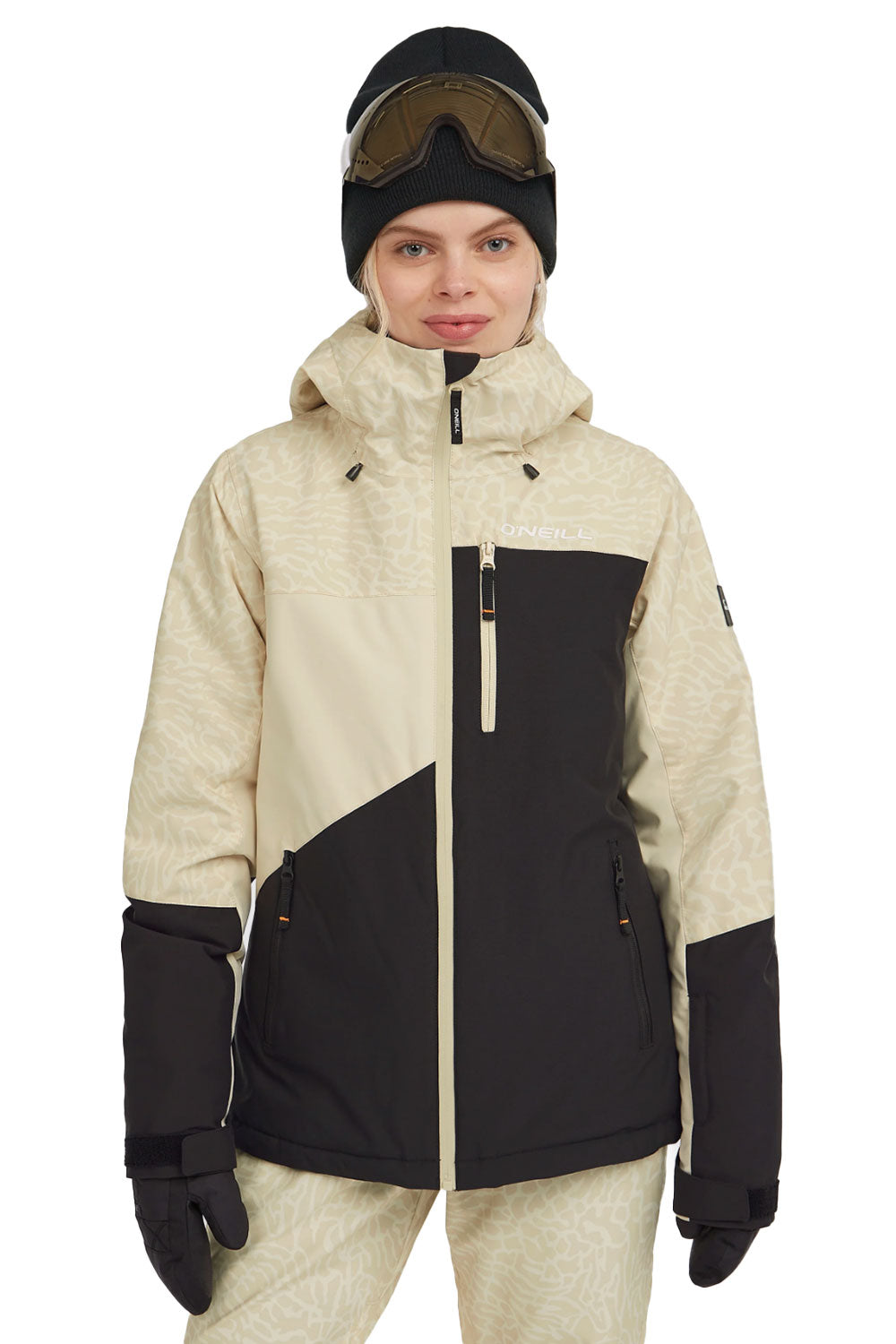 women's O'Neill jacket, beige and black colorblock pattern