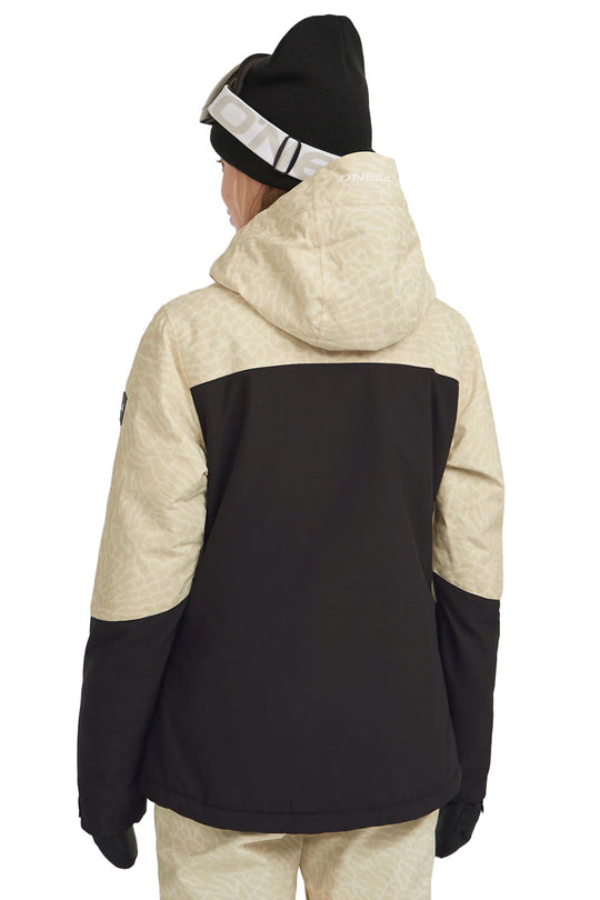women's O'Neill jacket, beige and black colorblock pattern