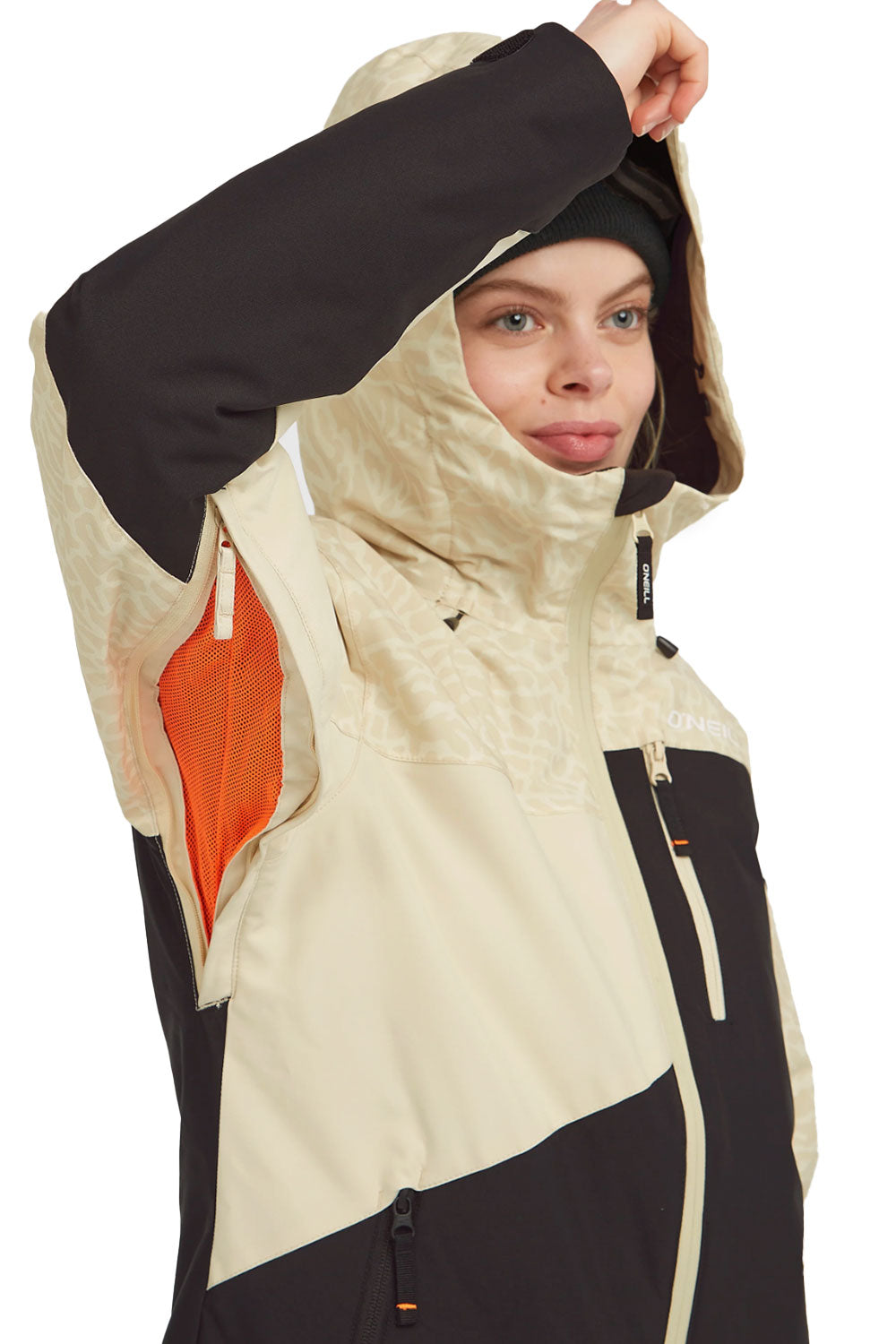 women's O'Neill jacket, beige and black colorblock pattern