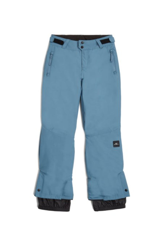 Blue snow pants with black accents on a white background