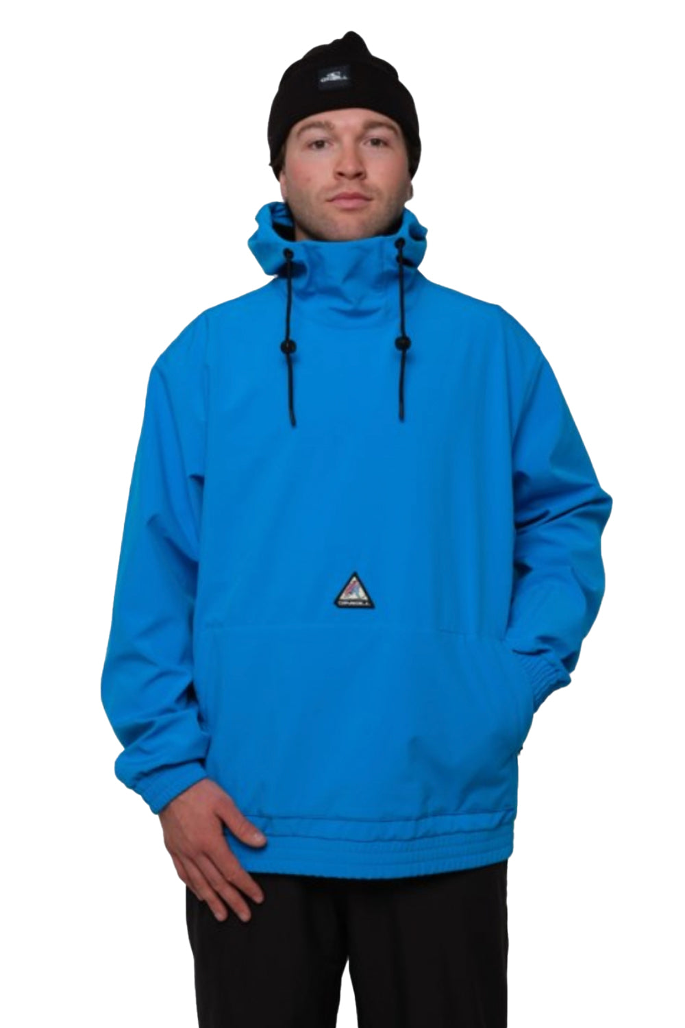Person wearing a blue hoodie with a logo on a white background