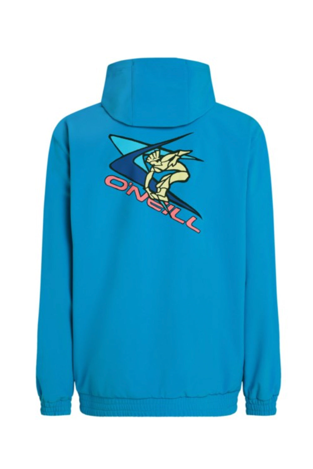 Blue hoodie with a logo on the back against a white background