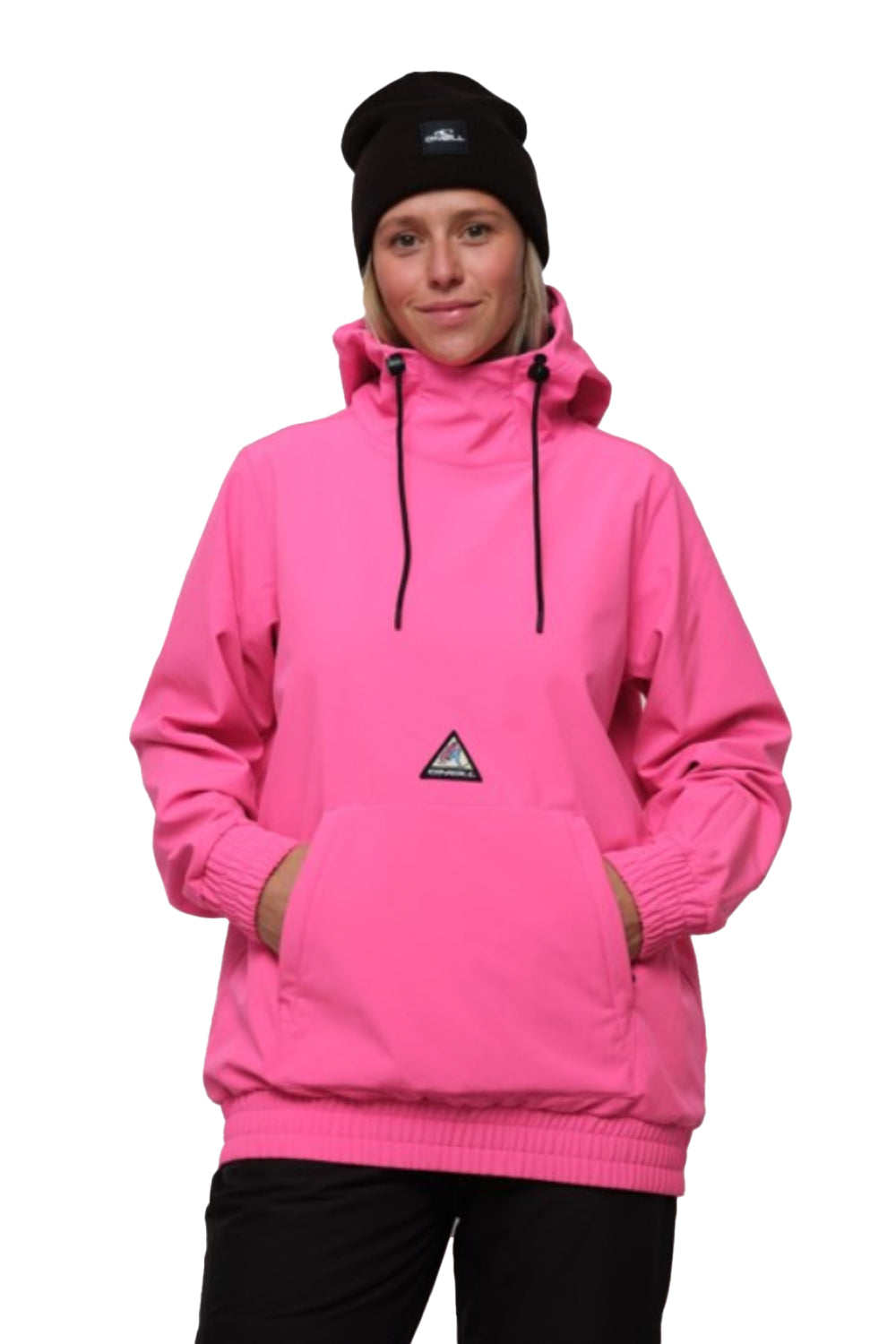 Person wearing a bright pink hoodie with a small logo on a white background