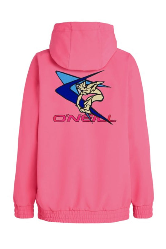 Pink hoodie with a graphic design on the back, featuring a brand logo.