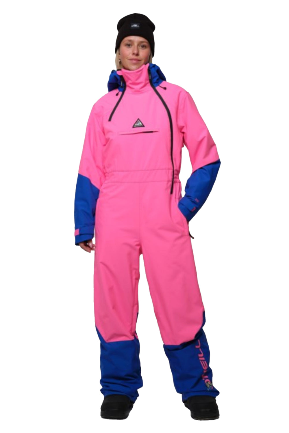 Person wearing a pink and blue snowsuit on a white background