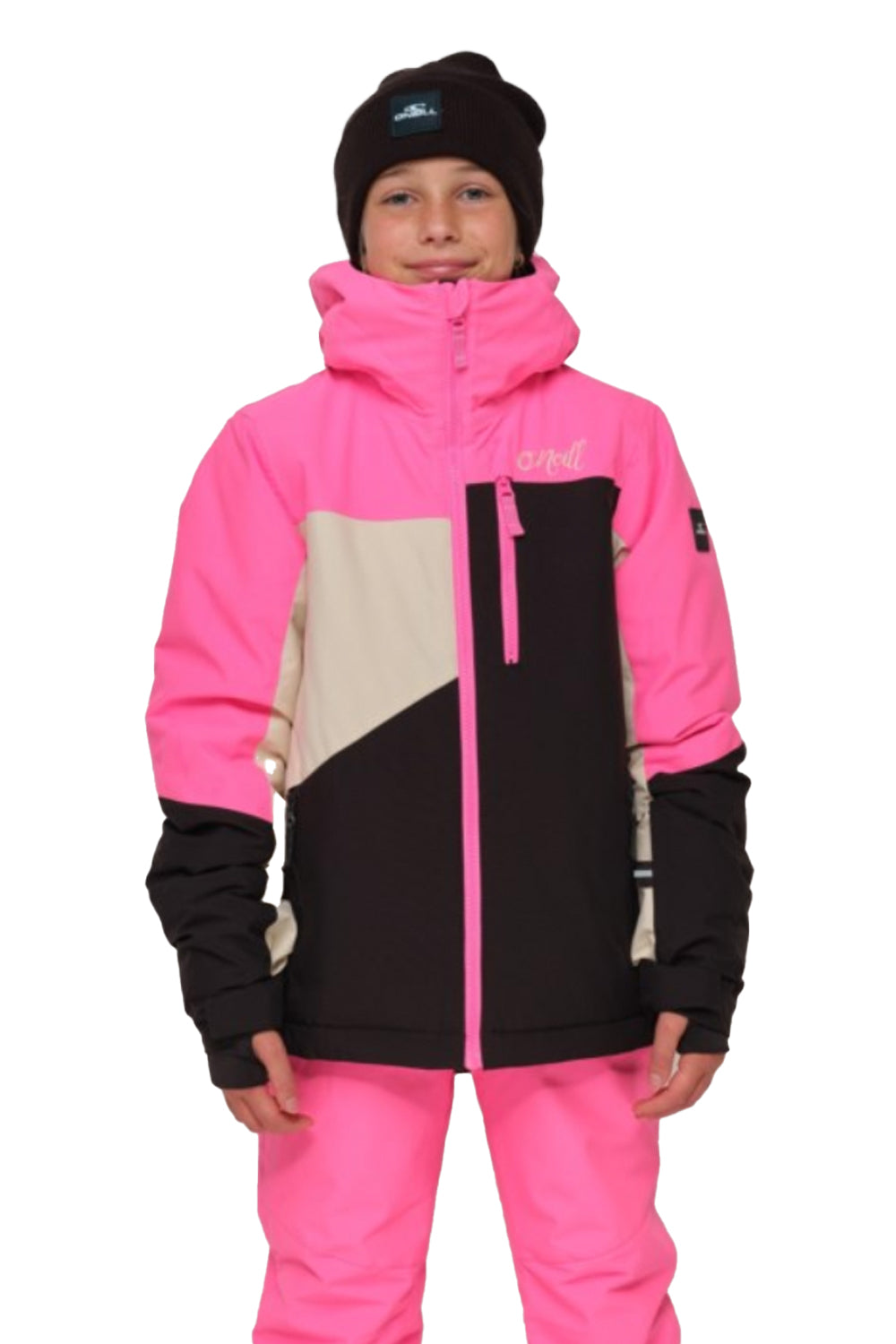 Child wearing a pink and black snowsuit with a white background