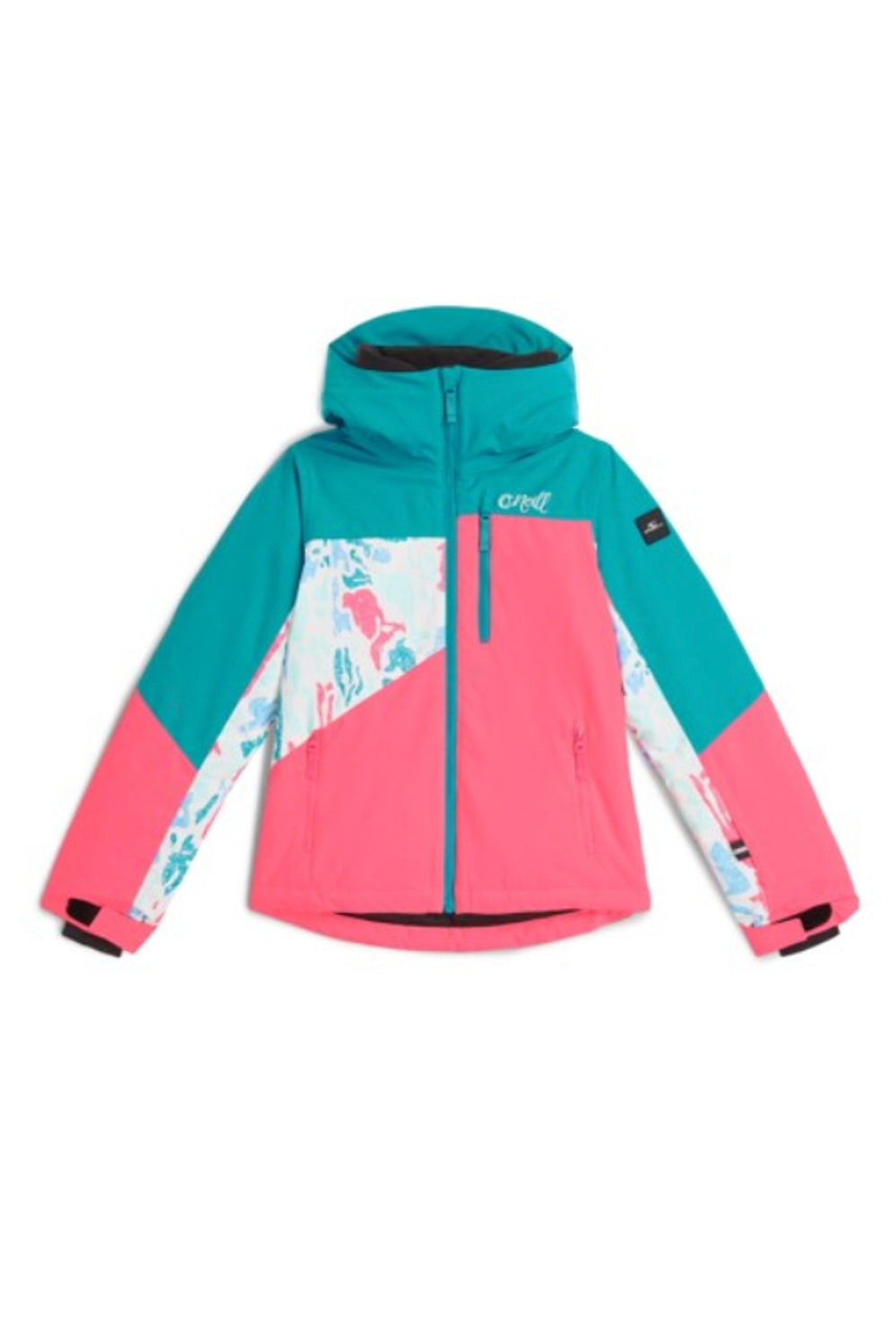 Colorful jacket with teal and pink design on a white background