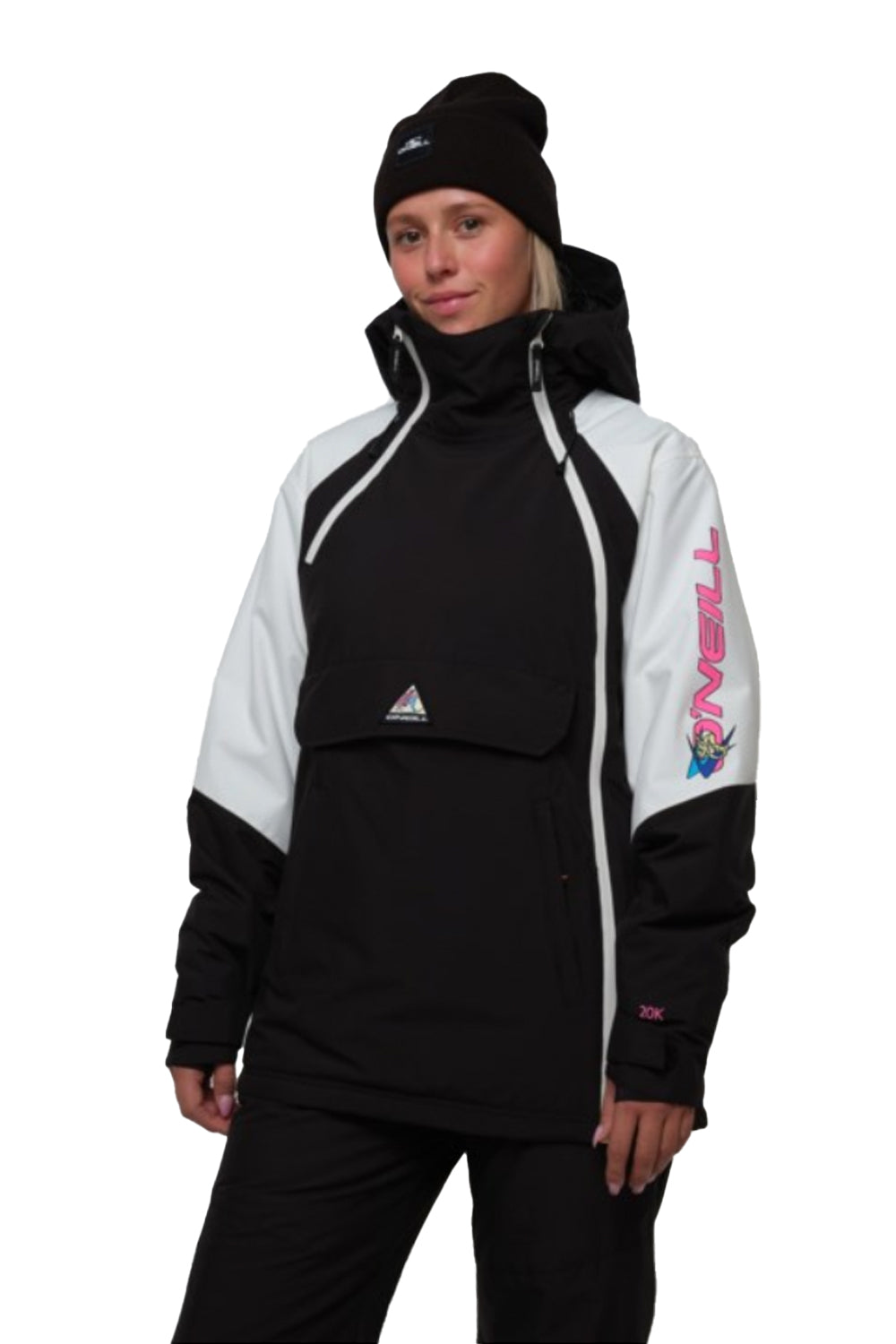 Person wearing a black and white jacket with a brand logo on a white background