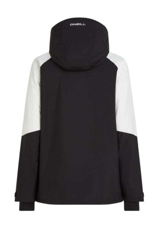 Black and white jacket with a hood on a white background