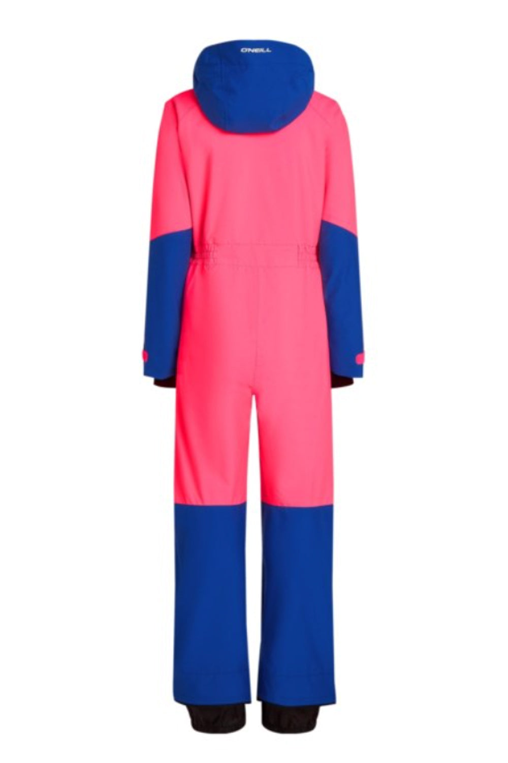 Pink and blue snowsuit with hood on a white background
