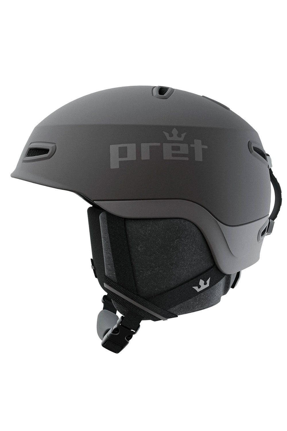 black helmet with 'pret' branding on a white background