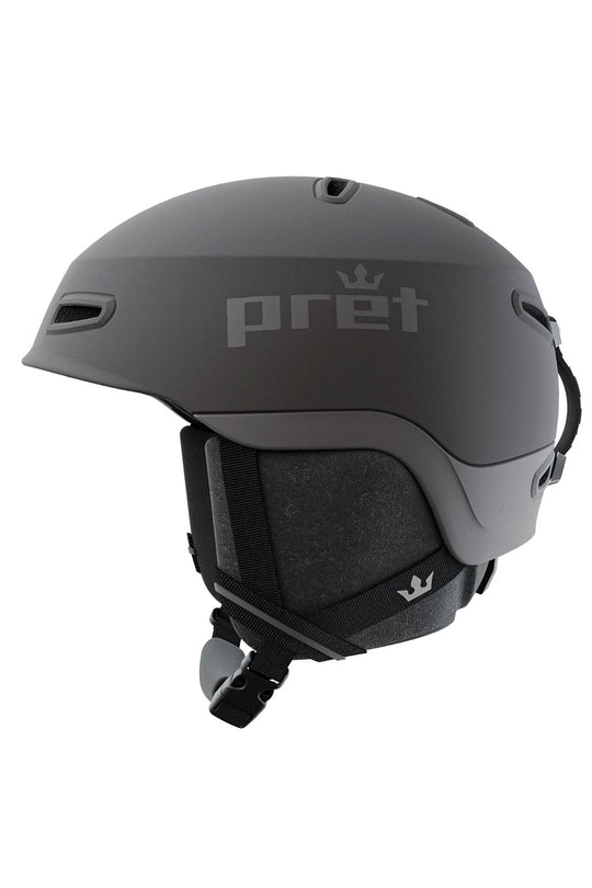 black helmet with 'pret' branding on a white background