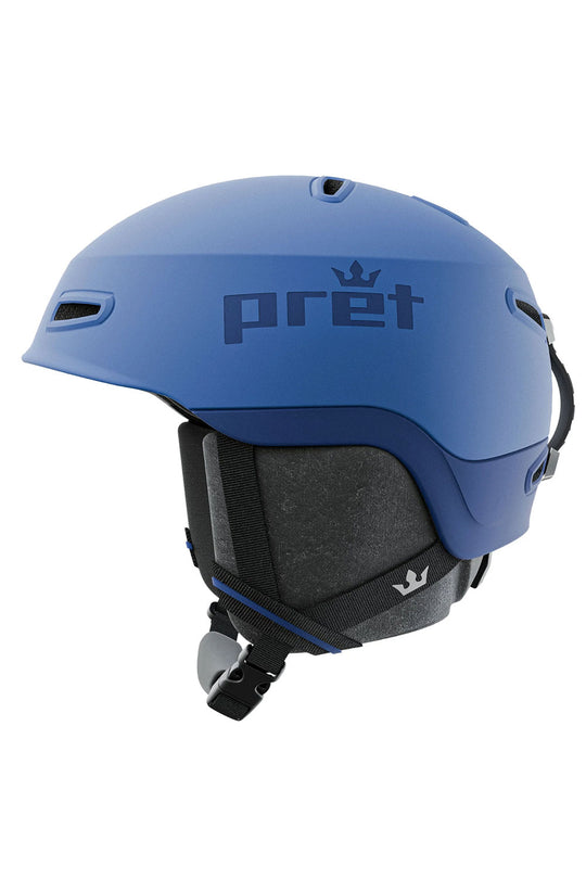 Blue helmet with 'pret' branding on a white background