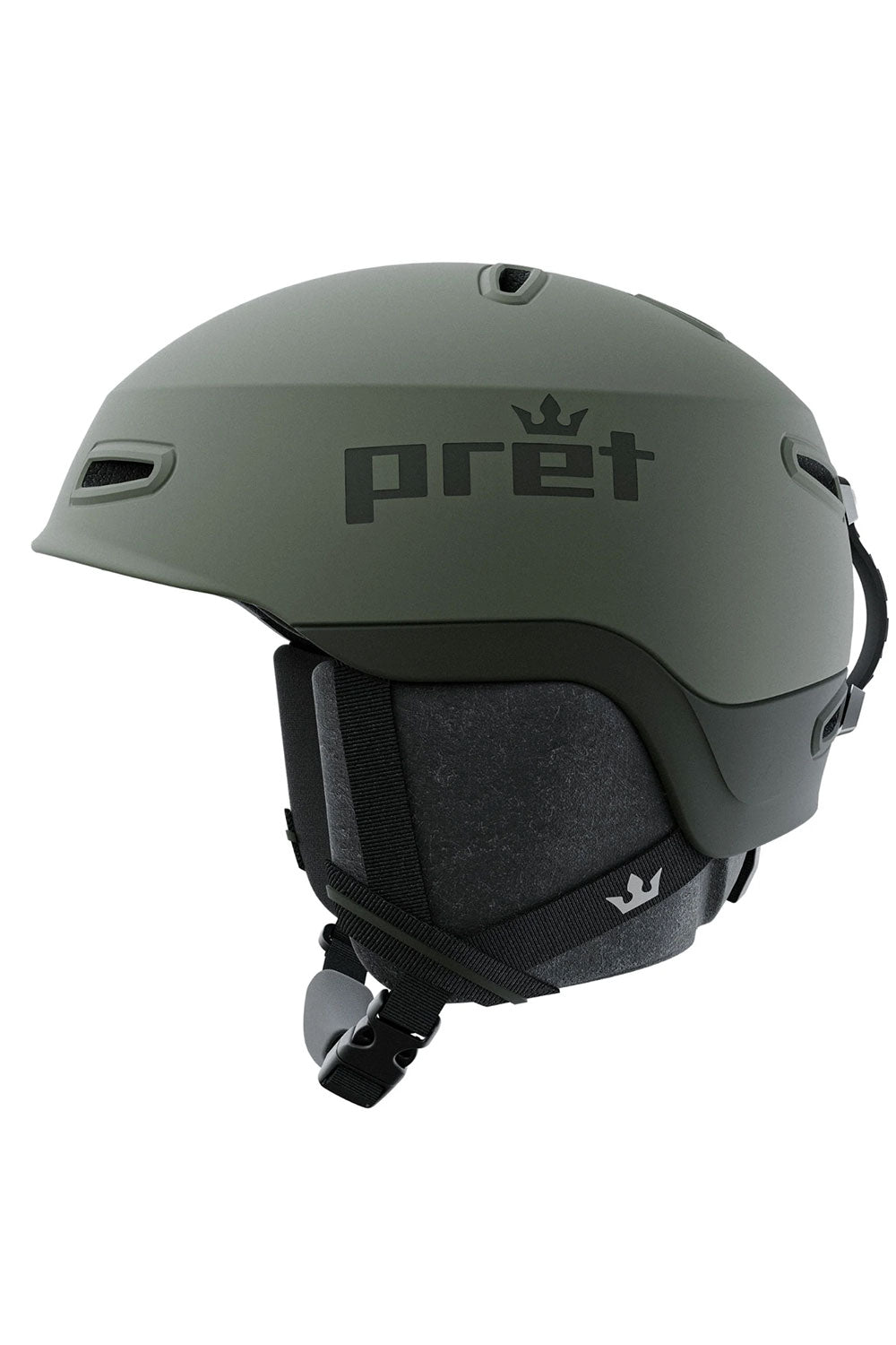 Green helmet with 'pret' branding on a white background