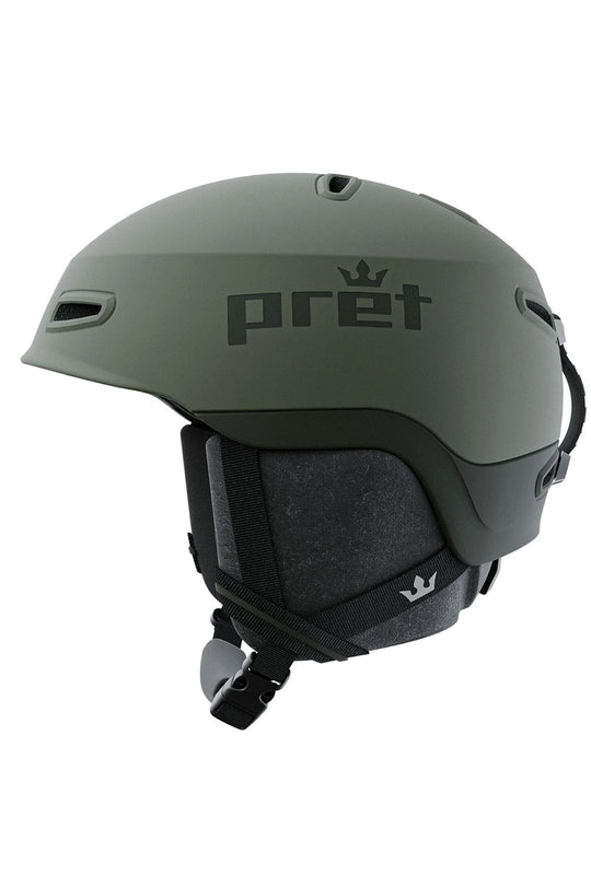 Green helmet with 'pret' branding on a white background