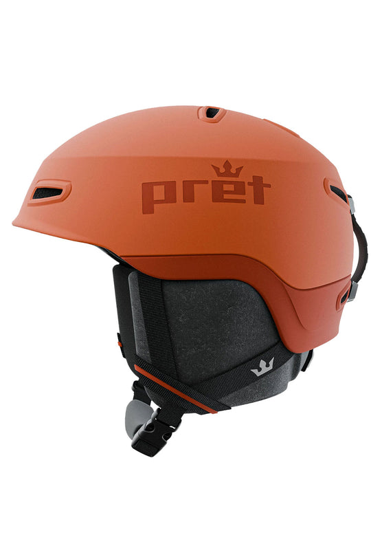 Orange helmet with 'pret' branding on a white background