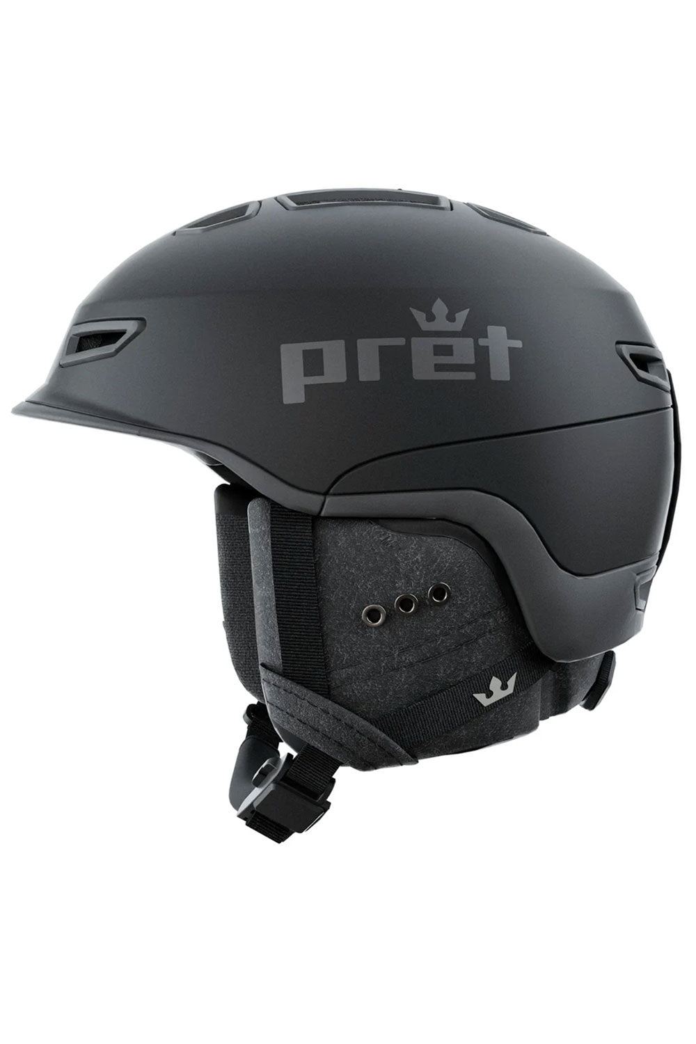 Black helmet with 'pret' branding on a white background