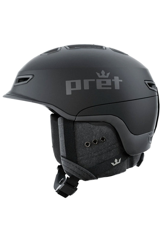Black helmet with 'pret' branding on a white background