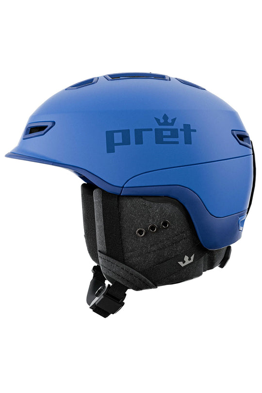 Blue helmet with 'pret' branding on a white background