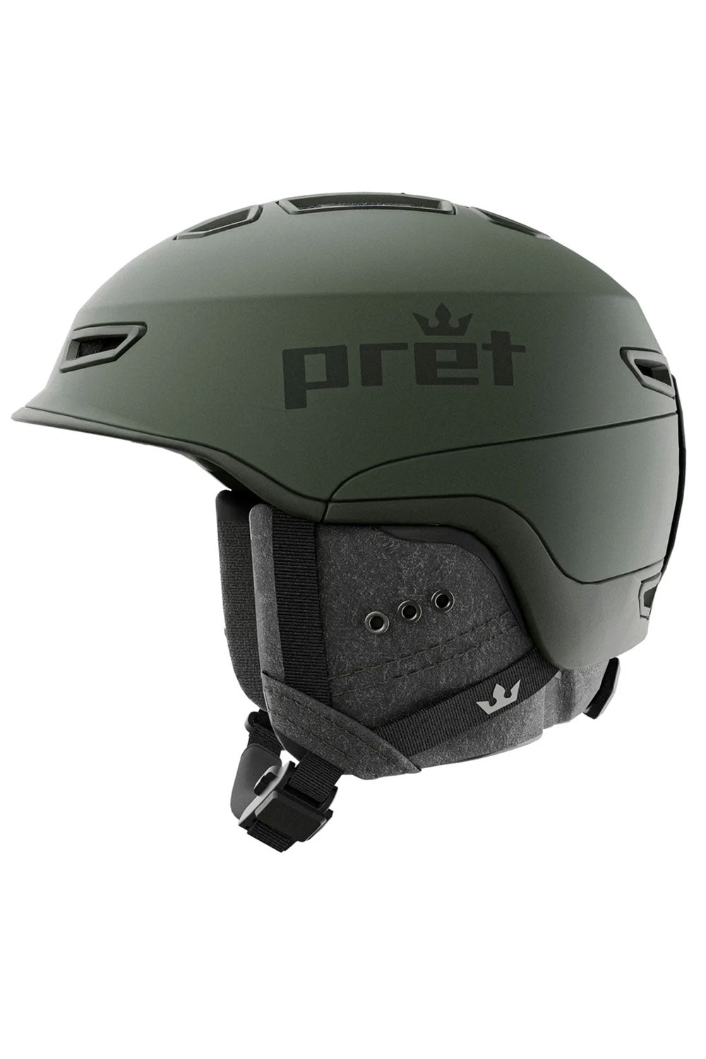 Green helmet with 'pret' branding on a white background