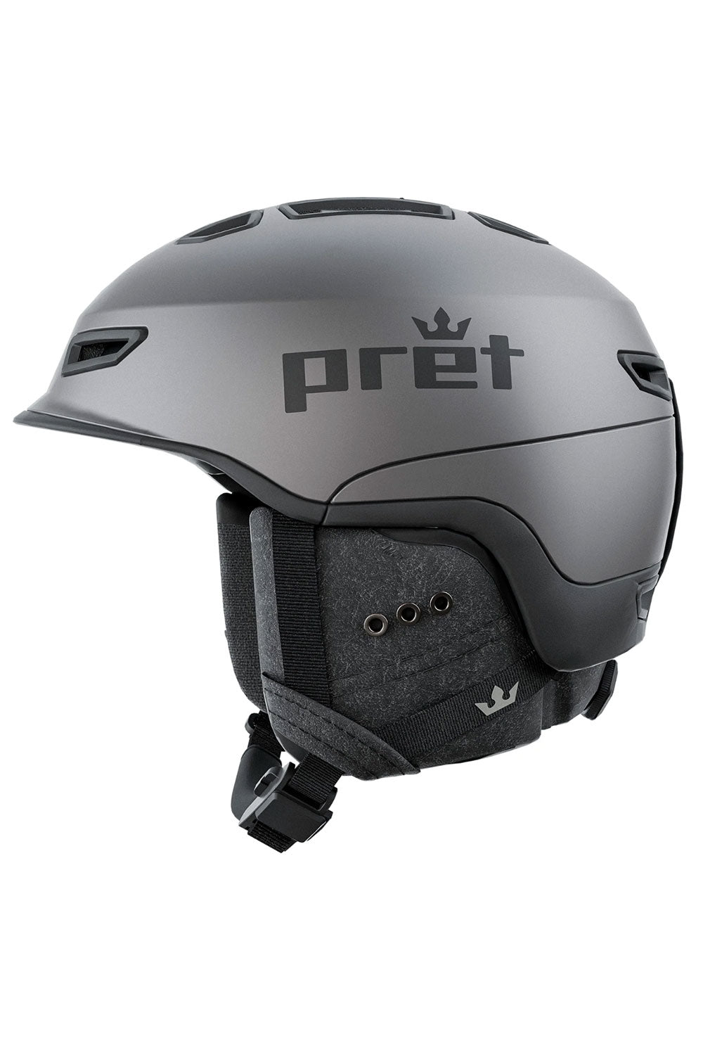 Gray helmet with 'pret' branding on a white background