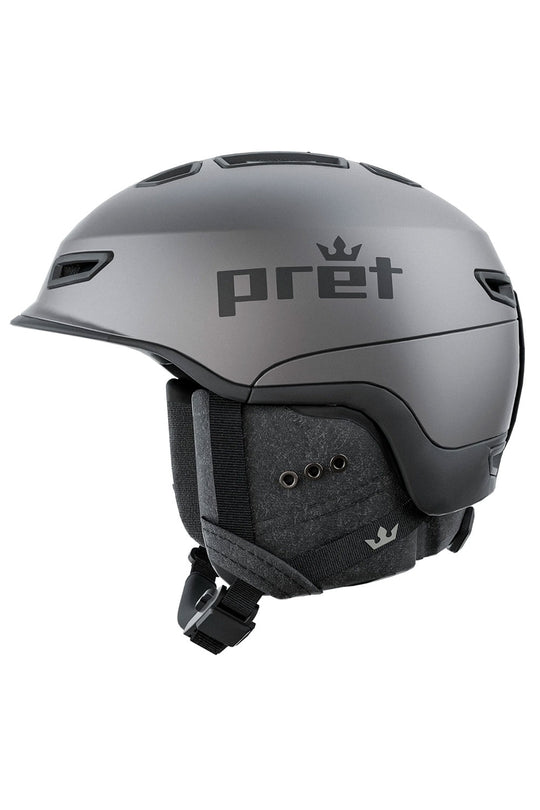 Gray helmet with 'pret' branding on a white background