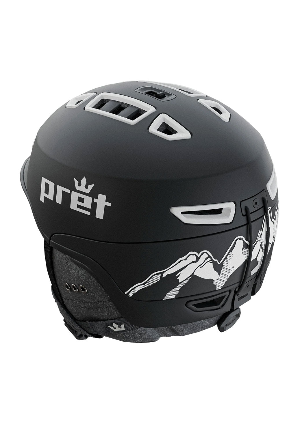 Black helmet with mountain design and 'pret' branding on a white background