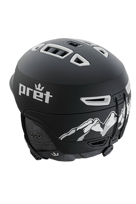 Black helmet with mountain design and 'pret' branding on a white background