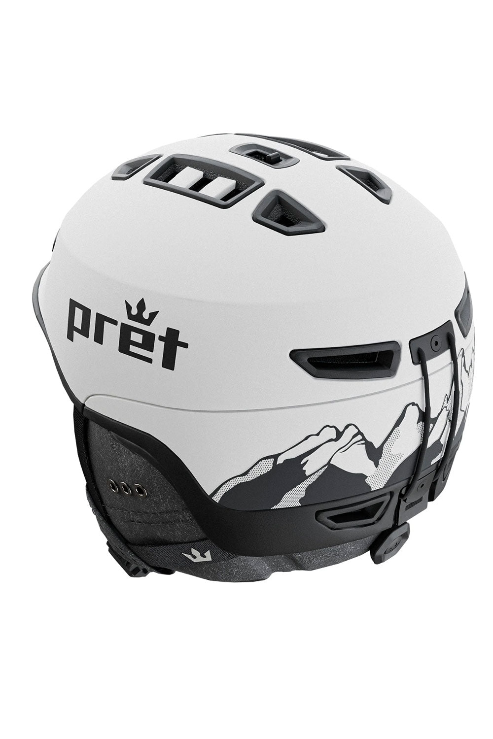 White helmet with mountain design and 'pret' branding on a white background