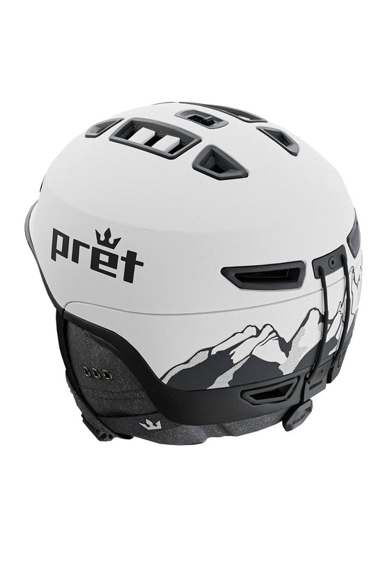 White helmet with mountain design and 'pret' branding on a white background