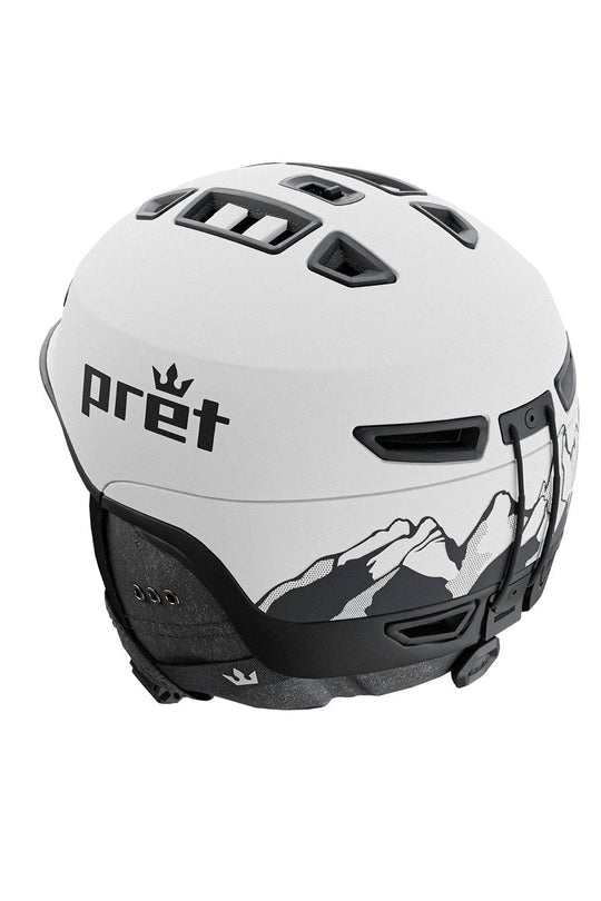 White helmet with mountain design and 'pret' branding on a white background