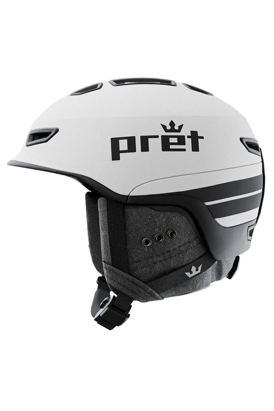 White helmet with 'pret' branding on a white background