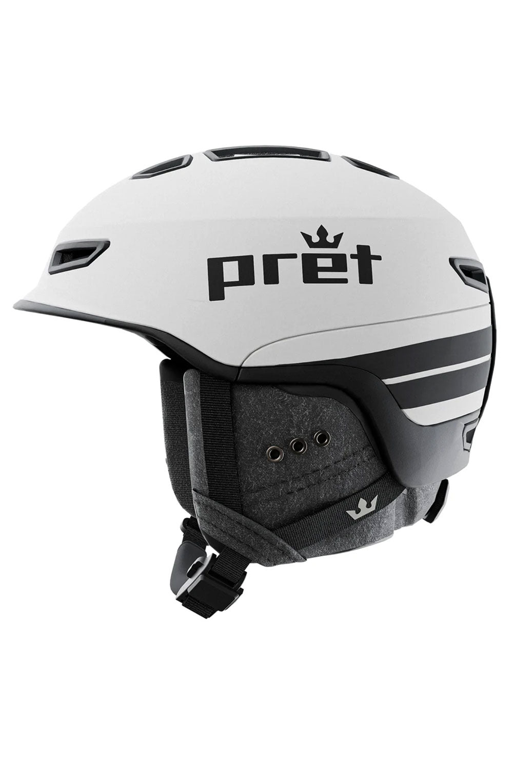 White ski helmet with 'pret' branding on a white background