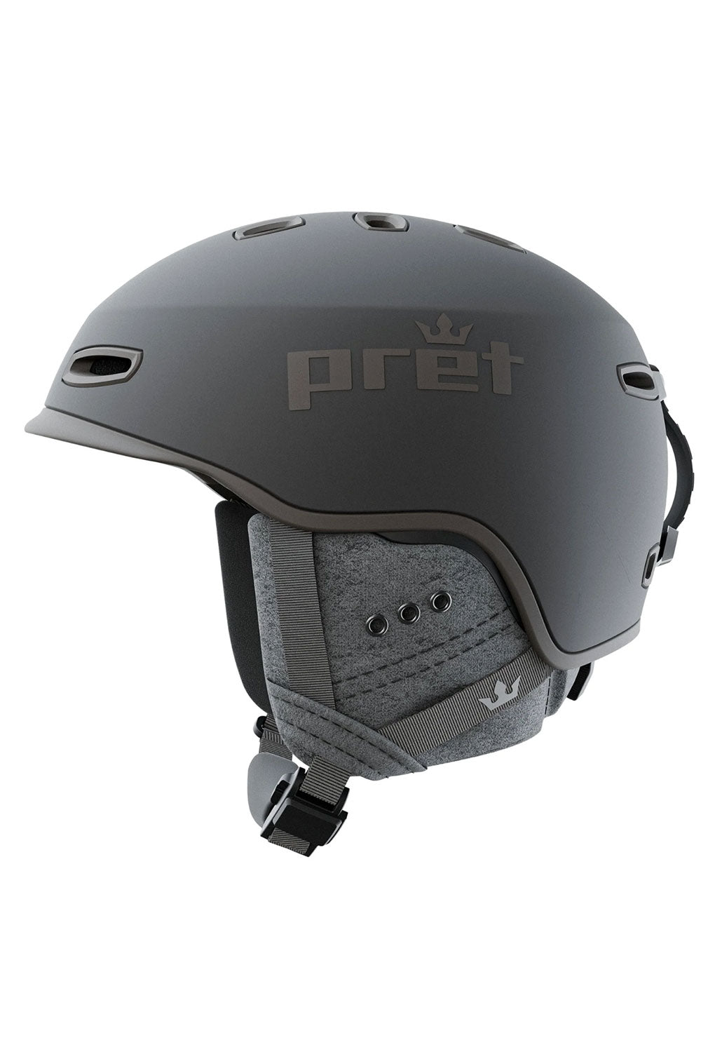 Black helmet with 'pret' branding on a white background