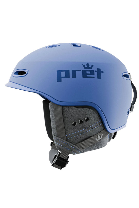 Blue helmet with 'pret' branding on a white background
