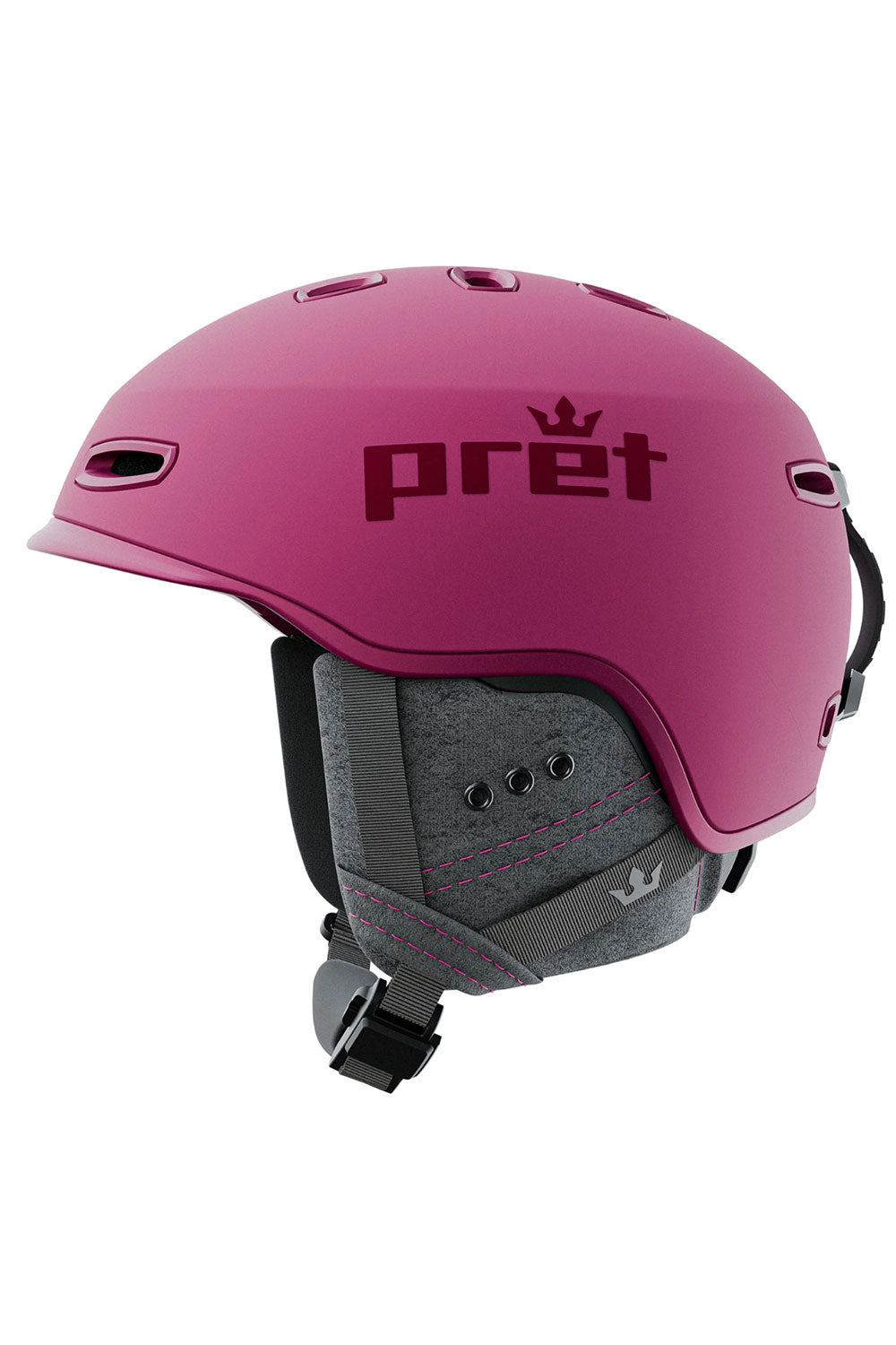 Pink helmet with gray interior and 'pret' branding on a white background