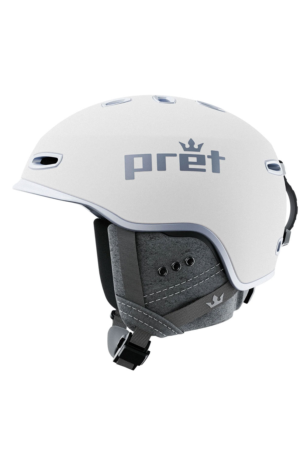 White helmet with 'pret' branding on a white background