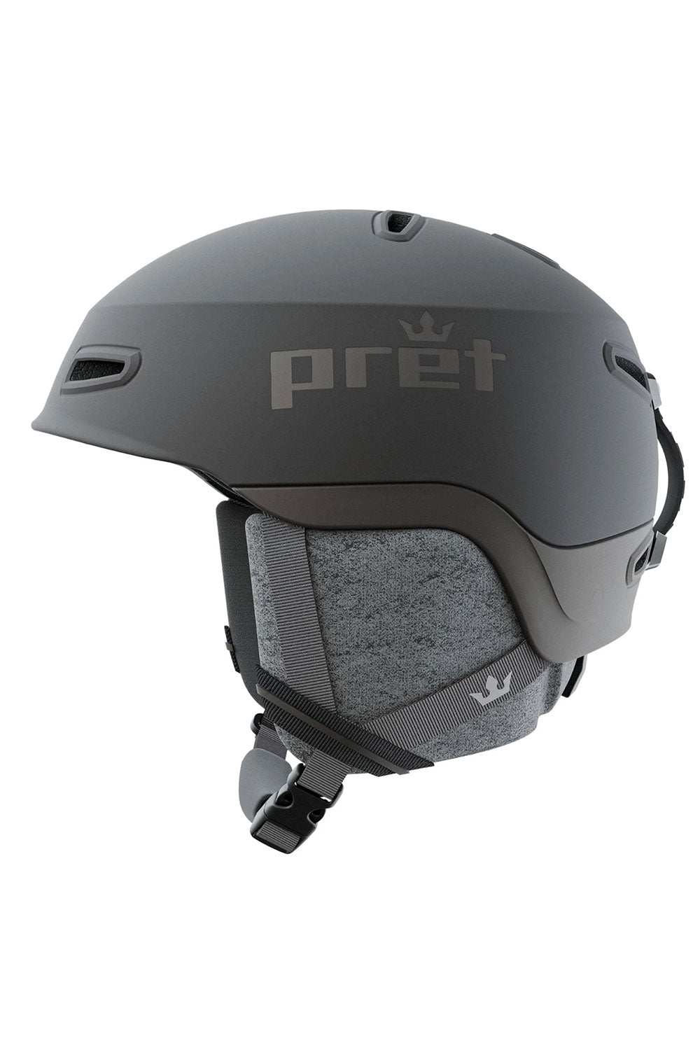 black helmet with 'pret' branding on a white background