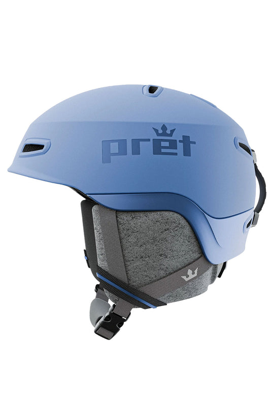 Blue helmet with gray interior and 'pret' branding on a white background