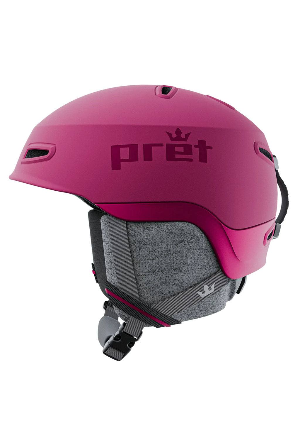 Pink helmet with gray interior and 'pret' branding on a white background