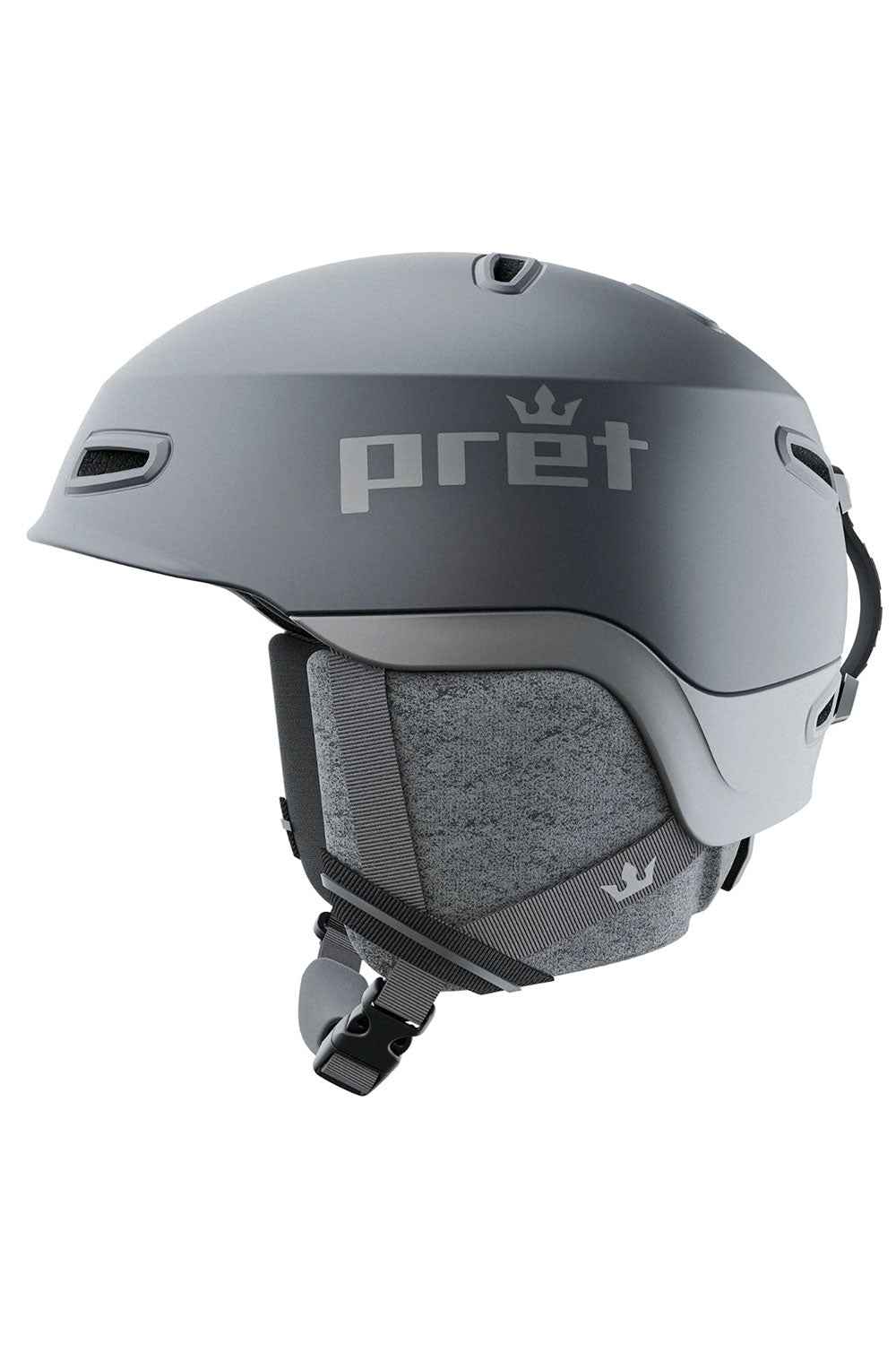 Gray helmet with 'pret' branding on a white background