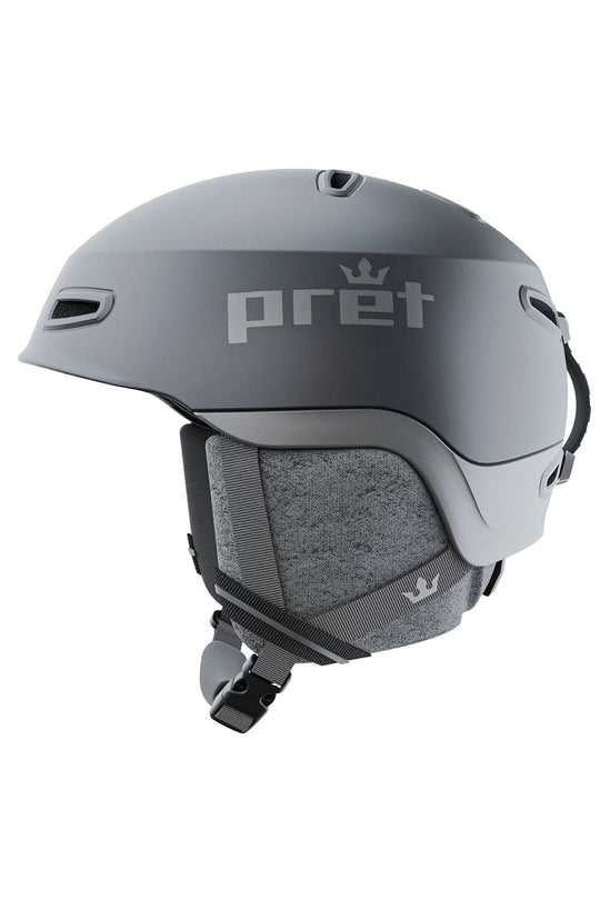 Gray helmet with 'pret' branding on a white background