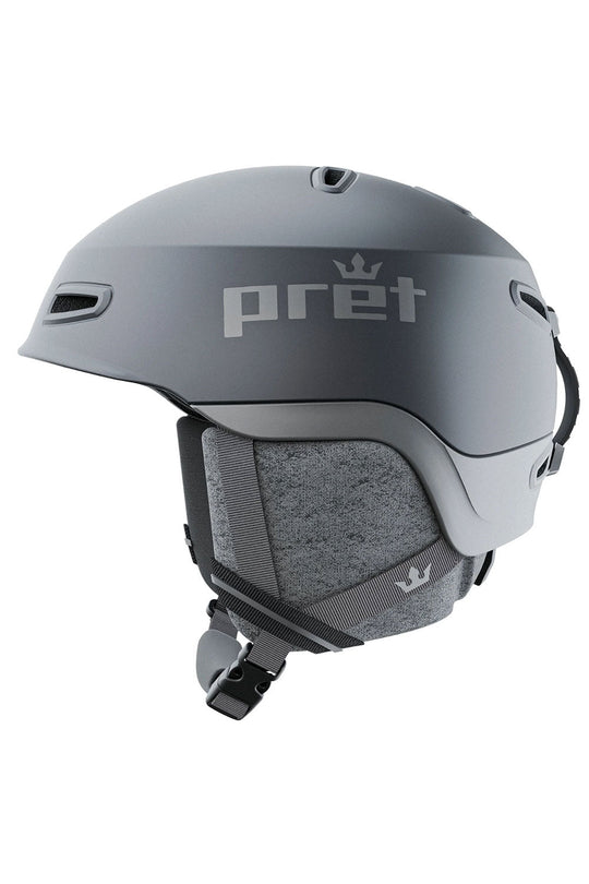 Gray helmet with 'pret' branding on a white background