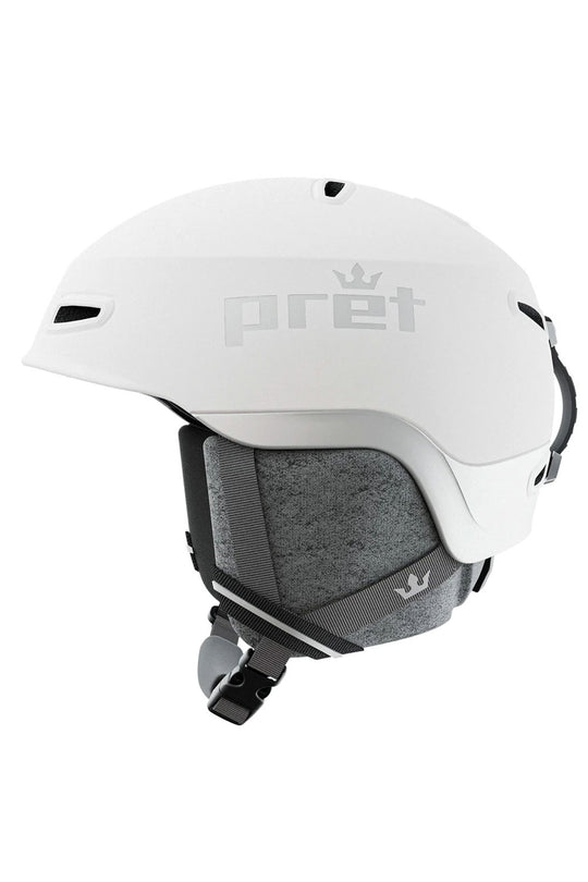 White helmet with gray interior and 'pret' branding on a white background